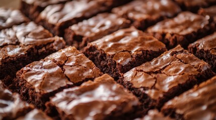 Close-up of freshly baked brownies with a crispy top layer, gooey center generative ai