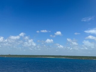 Tropical beach coastline with palm trees and clear turquoise water under a sunny blue sky, perfect for vacation, travel, and paradise-themed nature and landscape photography