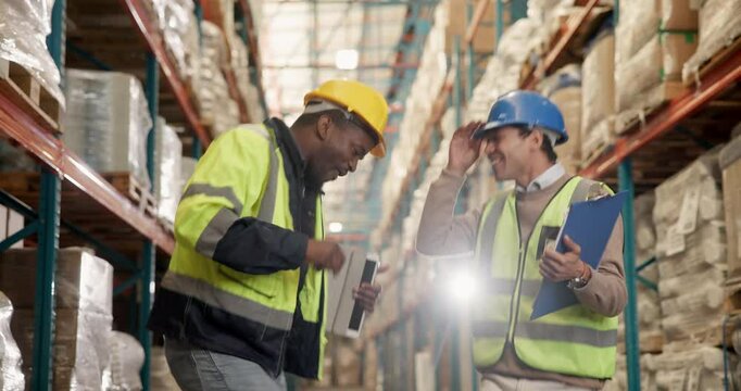 Warehouse logistics, men and dancing celebration for stock inspection and humor. Shipping facility, people and inventory management with paperwork for transportation and being silly with coworker