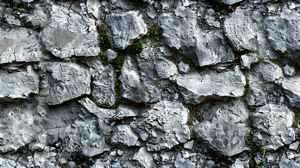 Rough, weathered gray stone wall texture with green moss.