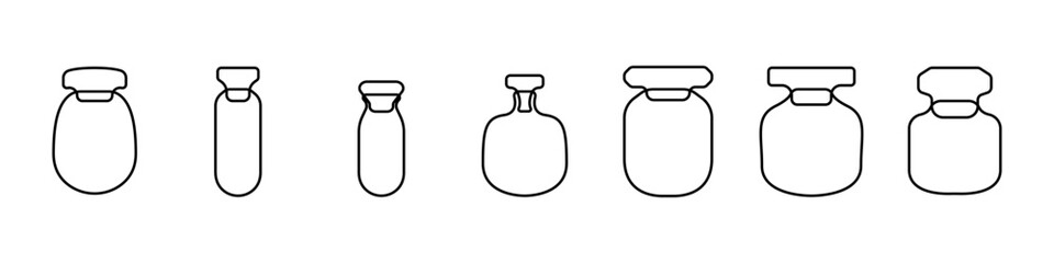 Vector set of perfume bottles. Concept icons of perfume jars. Colored bottles with an aroma sprayer. Stylish bottles for your beauty and care advertising. Template of empty bottles for liquids.