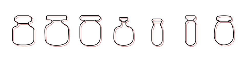 Vector set of perfume bottles. Concept icons of perfume jars. Colored bottles with an aroma sprayer. Stylish bottles for your beauty and care advertising. Template of empty bottles for liquids.