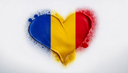 Paint stain in the shape of a heart in the colours of the Romanian flag.