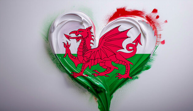 Paint stain in the shape of a heart in the colours of the Welsh flag