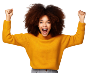 PNG Woman sweater surprised shouting.