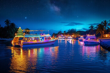 Fototapeta premium Boats illuminated with Christmas lights docked in tropical harbor at night, reflecting festive holiday spirit on calm waters