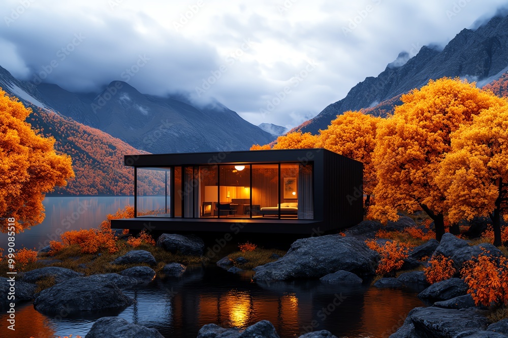 Aufkleber 3d digital autumn cabin, where users can walk through the virtual space, surrounded by autumn trees 
