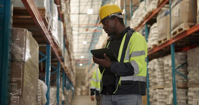 Tablet, man and scanner in warehouse for inspection, stock track and manage inventory. Factory, barcode machine and employee with digital for quality check, packaging and inspector for supply chain