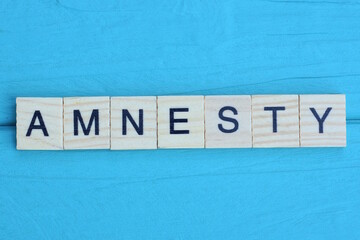 word amnesty made from wooden gray letters lies on a blue background