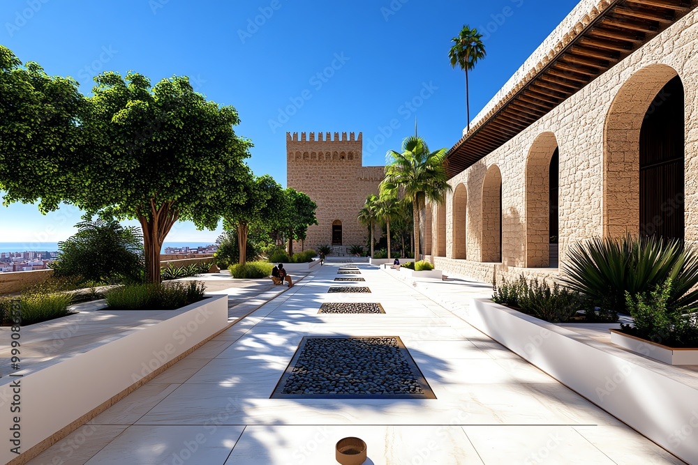 Poster 3D digital rendering of Malagaâ€™s Alcazaba, where users can explore the ancient fortress in a virtual environment, interacting with its gardens and courtyards