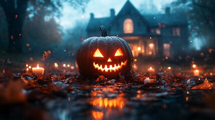 Fototapeta premium Halloween concept with haunted house and pumpkin