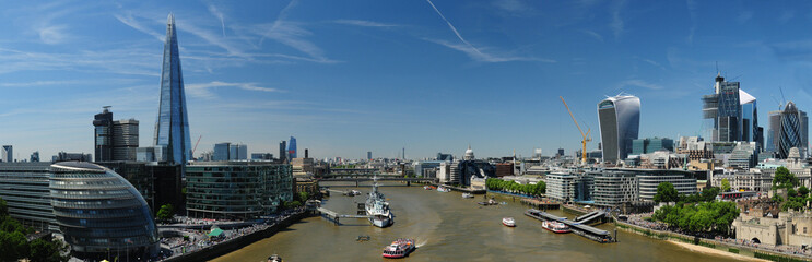 View From The Tower Bridge To The Thames River London England Great Britain On A Beautiful Summer Day With A Clear Blue Sky
