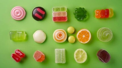 Assortment of colorful candies laid out on a green background.