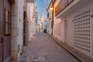 Quiet Morning Street with Church View in Cadaques, Catalonia, Spain