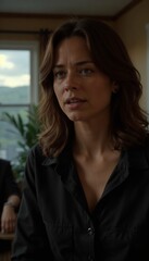 Intense woman speaking, focused mood, indoor setting, engaging conversation