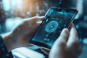 Hands holding tablet with digital security interface