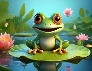 Cute Cartoon Frog Sitting on a Lillypad in a Pond with Flowers