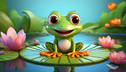 Fototapeta premium Cute Cartoon Frog Sitting on a Lillypad in a Pond with Flowers