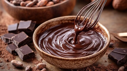 Creamy melted chocolate cascading from a whisk into a bowl, with chunks of chocolate and cocoa beans nearby generative ai