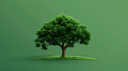 A single tree on a small patch of green grass against a solid green background.