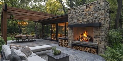 Cozy outdoor fireplace with stone masonry and elegant patio design for gatherings and relaxation