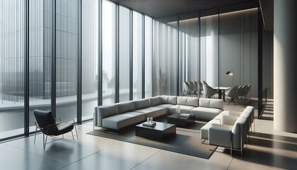 Fototapeta premium minimalist, empty waiting area with modern seating and large glass windows