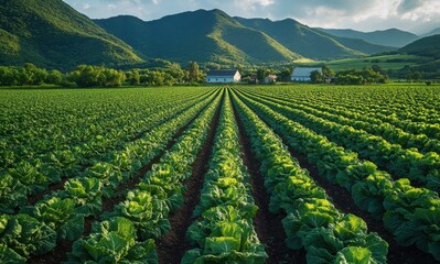 Female farmer harvesting fresh greens in an organic vegetable field surrounded by mountains under a sunny sky