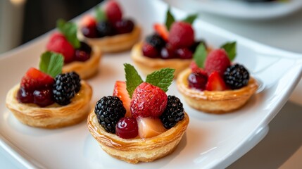 Elegant French pastry tray with assorted fruit tarts, topped with fresh berries and mint leaves generative ai