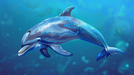 A single dolphin swimming through clear blue water.