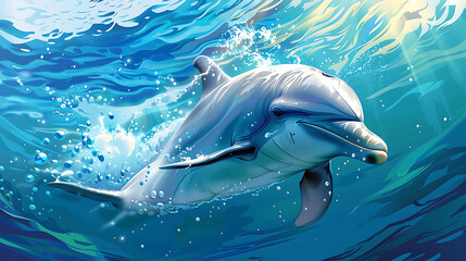 Naklejka premium A dolphin leaps through the blue water, creating a splash of bubbles.