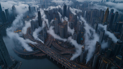 Fototapeta premium The city skyline features towering skyscrapers wrapped in fog as traffic moves steadily across a busy bridge, evoking a serene, mysterious atmosphere