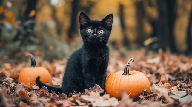 Black kitten with Halloween pumpkins in an autumn woodland