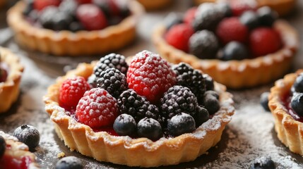 French fruit tarts with colorful berries on a pastry tray, topped with powdered sugar generative ai