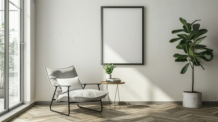 Minimalist Living Room with a White Chair and a Blank Frame on the Wall