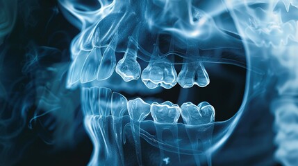 Obraz premium A Close-up View of a Human Skull with Teeth in a Blue Tinted X-Ray Style