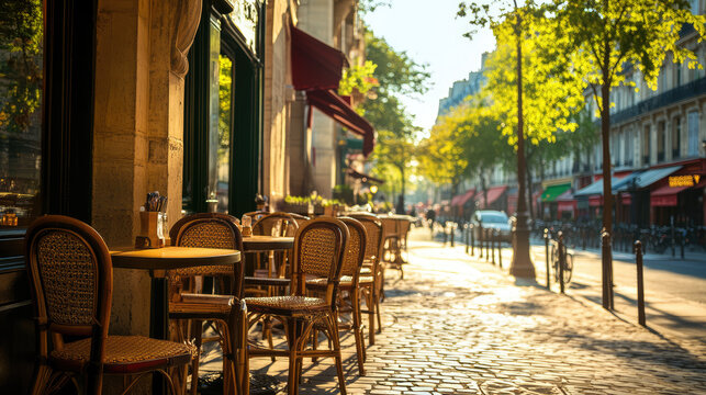 painting of the outdoor seating area in front of the cafe in  France in summer time 