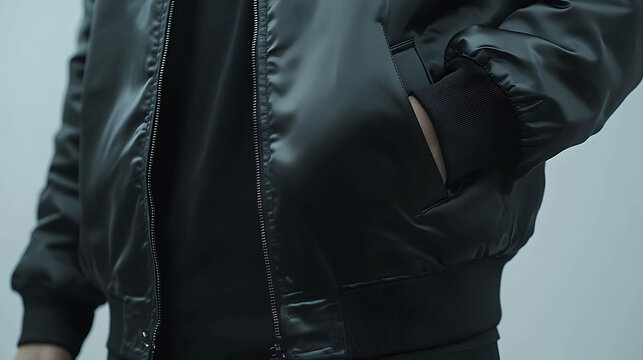 Close-up of a black bomber jacket with a zipper.