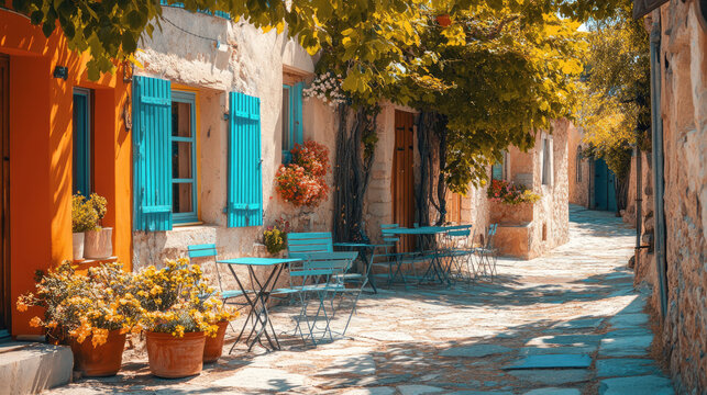 Fototapeta landscape of a small cafe in Provence town south of France Europe 