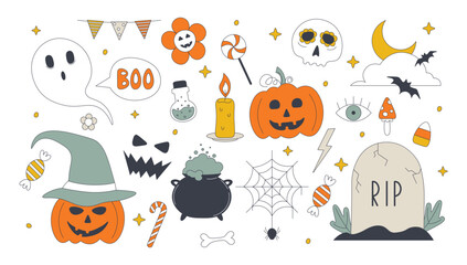 Cute Halloween groovy elements. Set retro style 90s. Hippie design. Pumpkin, ghost, grave, cauldron, potion on white background. Spider web, skull, bat, moon and clouds. Vector illustration.
