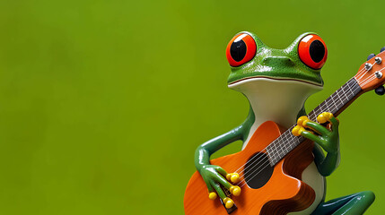 Obraz premium A green frog with big red eyes plays an acoustic guitar.