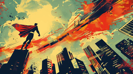 A superhero stands on a building in a city. He looks to the right with his cape blowing behind him.