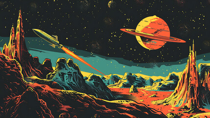 A retro-style illustration of a spaceship flying past a rocky planet with a ringed planet in the background.