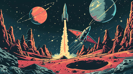 Retro illustration of a rocket launching from an alien planet.