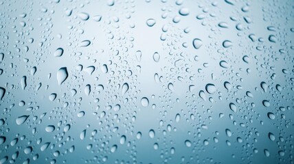 Close-up of water droplets on a smooth surface with a serene blue background.