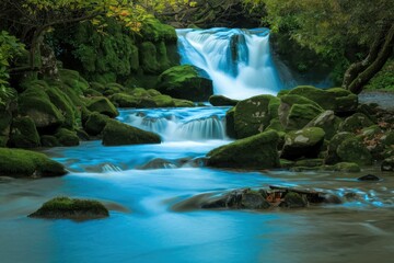 Fototapeta premium Tranquil waterfall surrounded by lush greenery and moss-covered rocks in a serene forest setting.