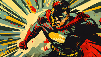 A superhero with a red cape and a blue suit with yellow symbol flies through the air in a retro comic book style illustration.