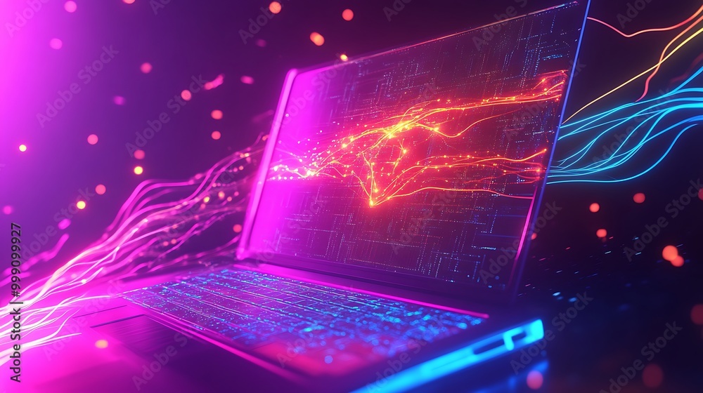 Poster futuristic laptop with glowing neural connections representing artificial intelligence