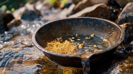 A gold pan filled with shimmering gold dust rests in crystal clear stream, surrounded by smooth stones and flowing water.