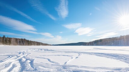 Obraz premium Snow-covered landscape with clear blue skies and sun, featuring tire tracks on the snow surface