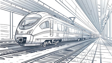 Line art illustration of a train pulling into a station.